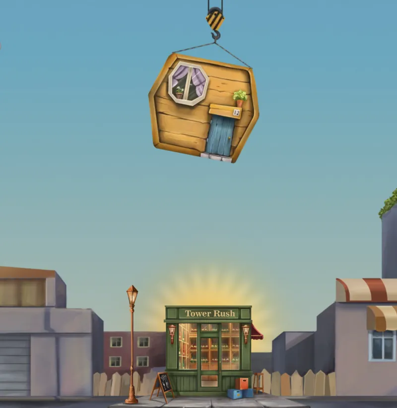 Tower Rush gameplay showing crane dropping building floor onto the tower