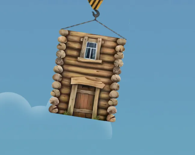 Tower Rush wooden cabin floor piece hanging from crane